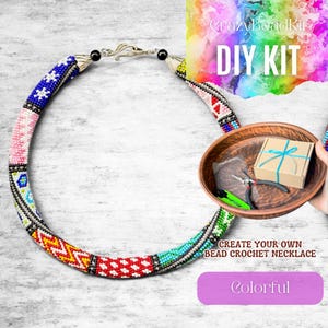 DIY Colorful Bead Crochet Necklace Kit – Multicolor Ethnic Pattern Rope – Jewelry Making Set with Tutorial and Materials Included