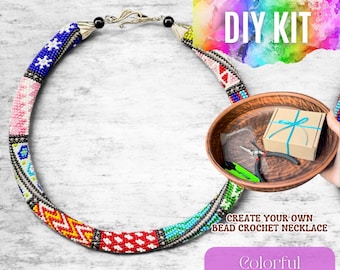 DIY Colorful Bead Crochet Necklace Kit – Multicolor Ethnic Pattern Rope – Jewelry Making Set with Tutorial and Materials Included