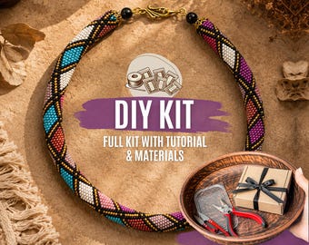 DIY Boho Blue Purple Rhombus Tribal Bead Crochet Necklace Kit, Ethnic Beaded Rope Jewelry Making Set, Seed Bead Craft