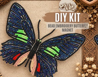 DIY Blue Black Butterfly Bead Embroidery Kit, Insect Magnet Craft for Beginners, Handmade Embroidery Gift