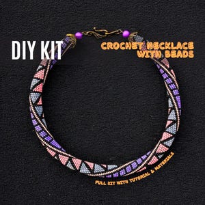 DIY Bead Crochet Necklace Kit – Pastel Geometric Rope in Pink, Purple, Gray – Full Jewelry Making Set with Tutorial & Tools - Beading gift