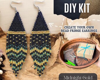 DIY Beaded Fringe Earrings Kit, Midnight Gold Jewelry Making craft