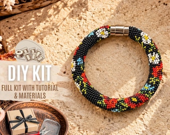 DIY Black Red Poppy Beaded Crochet Bracelet Kit, Tribal Flower Jewelry Making Set, Boho Seed Bead Bracelet Craft