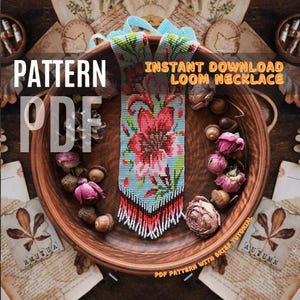 May include: A PDF pattern for a beaded loom necklace with a floral design. The necklace is blue, red, pink, and white. The pattern is available for instant download. The image shows the necklace on a wooden surface with acorns and dried flowers.