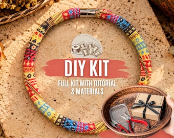 DIY Yellow Red Tribal Bead Crochet Necklace Kit, Colorful Boho Jewelry Making Set, Ethnic Beaded Rope Craft