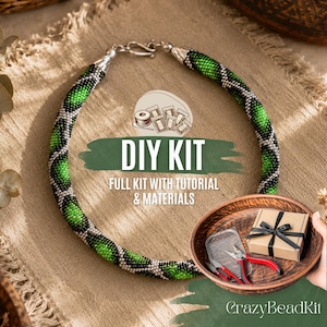 May include: A DIY kit featuring a beaded necklace with a green, black, and silver snake-like pattern, a small cardboard gift box with a black ribbon, and red-handled pliers. The text reads DIY KIT, FULL KIT WITH TUTORIAL & MATERIALS, and CrazyBeadKit.