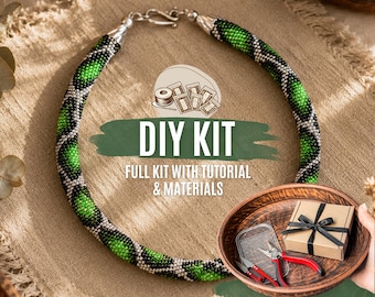 DIY Black Green Silver Snake Python Bead Crochet Necklace Kit, Beaded Rope Jewelry Making Set, Seed Bead Craft