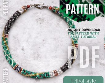Modèle PDF de collier de perles au crochet, guide de fabrication de bijoux tribal vert violet bohème, tutoriel de collier ethnique fait main en corde, créations artisanales pour bijoutier