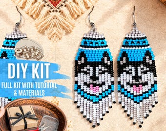 DIY Husky Dog Beaded Earrings Kit, Funny Blue Seed Bead Jewelry Making Set, Animal Fringe Earrings Craft