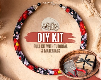 DIY Black Red Flower Bead Crochet Necklace Kit, Boho Tribal Jewelry Making Set, DIY Beaded Rope Necklace Craft