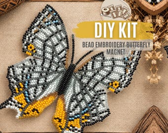 DIY White Gray Butterfly Bead Embroidery Magnet Kit, Insect Needlepoint Craft, Handmade Beaded Gift Set for Craft Lovers