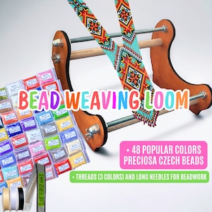 May include: A wooden bead weaving loom with a colorful beaded necklace on it. The loom is accompanied by 48 small containers of colorful beads, spools of thread, and long needles for beadwork. The text on the image reads "BEAD WEAVING LOOM + 48 POPULAR COLORS PRECIOSA CZECH BEADS + THREADS (3 COLORS) AND LONG NEEDLES FOR BEADWORK."