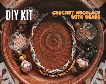 DIY Crochet Beaded Necklace Kit - Boho hippie Handmade Beadwork Jewelry Kit with Full Tutorial and Materials for Beginner Craft