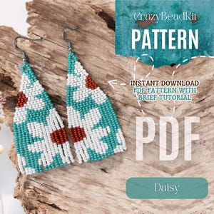 May include: A PDF pattern for beaded earrings with a turquoise, white, and red color scheme. The pattern is called "Daisy" and includes a brief tutorial.  CrazyBeadKit PATTERN PDF INSTANT DOWNLOAD PDF PATTERN WITH BRIEF TUTORIAL Daisy