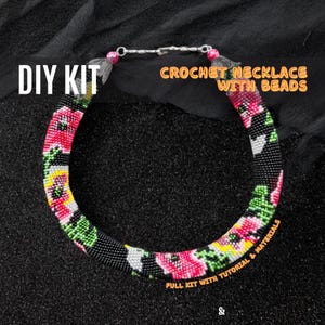 DIY Crochet Beaded Necklace Kit, Handmade Floral Rope Necklace, Black Bead Crochet Jewelry Making Set, Craft Gift for Her, Full DIY Kit