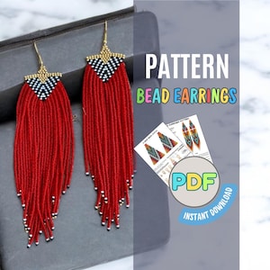 Puede incluir: Un par de pendientes de cuentas rojas con un diseño geométrico en blanco y negro en la parte superior. Los pendientes tienen ganchos dorados y se muestran con un patrón PDF que dice "Pattern Bead Earrings". El texto "Instant Download" también es visible.