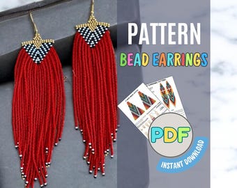 May include: A pair of red beaded earrings with a geometric black and white design at the top. The earrings have gold-colored hooks and are displayed with a PDF pattern that says "Pattern Bead Earrings". The text "Instant Download" is also visible.