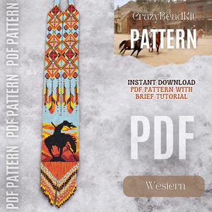 May include: A digital download PDF pattern for beading a Western-themed necklace. The pattern features a beaded silhouette of a Native American riding a horse against a sunset background. The pattern includes a brief tutorial.