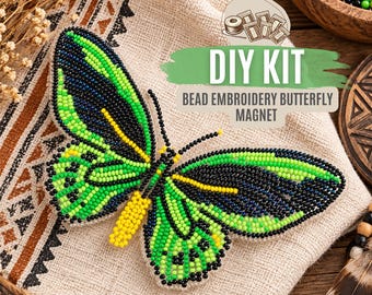 DIY Green Black Bead Embroidery Butterfly Magnet Kit, Ornithoptera Priamus Insect Beading Craft Set, Embroidery Gift