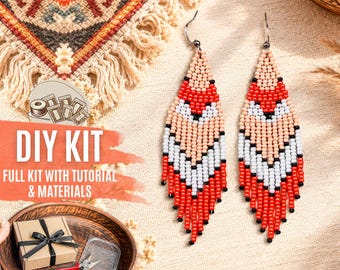 DIY Boho Fox Beaded Earrings Kit, Beige Orange Tribal Fringe Jewelry Making Set, Seed Bead Earrings Craft