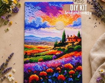 DIY Colorful Landscape Bead Embroidery Kit, Sunset Mountains Flower Field Nature Needlework Craft kit