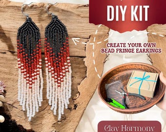 DIY Beaded Earrings Kit, Earth brown beige Ombre Pattern, Seed Bead Fringe Jewelry Making Set with Tutorial & All Materials Included