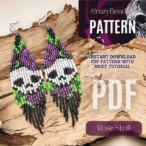 May include: Triangular beaded earrings featuring a skull design in white, purple, green, and black. The earrings have a fringed edge. The image also includes text that says "CrazyBeads PATTERN" and "Rose Skull".