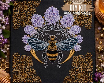 DIY Honey Bee in Clover Bead Embroidery Kit, Bee and Clover Flower Needlework Craft, Nature Inspired Beaded Art, Gift for Crafters