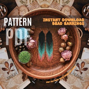 May include: A PDF pattern for beaded earrings with a gradient of black, turquoise, and coral colors. The pattern includes a brief tutorial. "Instant Download Bead Earrings" and "PDF Pattern with Brief Tutorial" are written on the image.