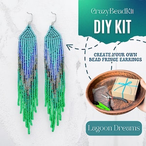 DIY blue green ombre Beaded Earrings Kit, DIY Handmade Jewelry, Ethnic Seed Bead Craft, Boho Beadwork Project, Beading Supplies crafter gift