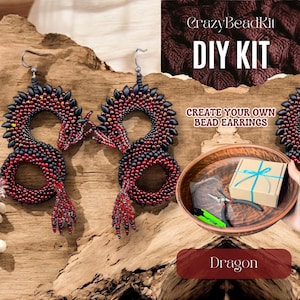 May include: Red and black dragon-shaped beaded earrings. The image shows a DIY kit with tools and materials to create the earrings, and the text "CrazyBeadKit DIY KIT". The earrings are displayed on a wooden surface.