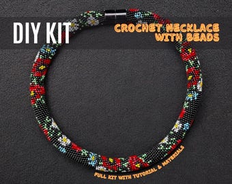 DIY Bead crochet necklace Kit, Craft Kit, Botanical necklace Includes beads, floral pattern Necklace, field flowers bead necklace making kit