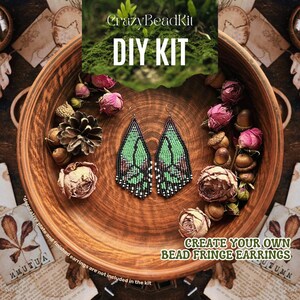 DIY Beaded Earrings Kit, Create Elegant Green earthy nature butterfly wings Fringe Earrings, Complete Beadwork Kit with Pattern + Materials