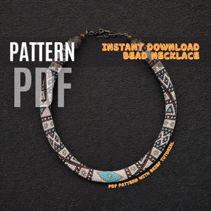 May include: A beaded necklace with a geometric pattern in shades of brown, white, blue, and gold. The necklace is on a black background with the text "PATTERN PDF" and "INSTANT DOWNLOAD BEAD NECKLACE" in orange. The text "PDF PATTERN WITH BRIEF TUTORIAL" is also visible on the necklace.