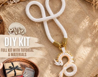 DIY White Gold Dragon Bead Crochet Necklace Kit, Dragon Beaded Rope Jewelry Making Set, Seed Bead Crochet Craft