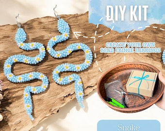 DIY Beaded Earrings Kit, Light Blue with Daisy Snake Pattern, Seed Bead Jewelry Making Kit with Tutorial & Tools, Unique Handmade Gift Idea