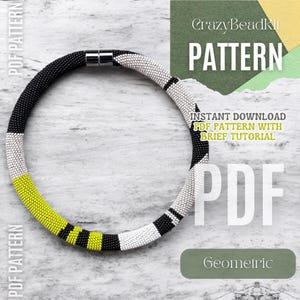 May include: A black, white, and yellow beaded necklace with a geometric pattern. The necklace is made with seed beads and has a magnetic clasp. The image includes the text "CrazyBeadKit PATTERN INSTANT DOWNLOAD PDF PATTERN WITH BRIEF TUTORIAL PDF Geometric".