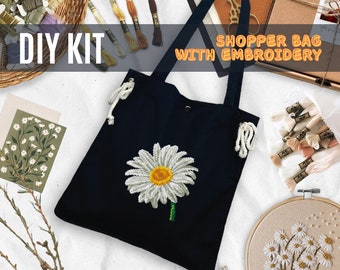 DIY 糸デイジー刺繍キット、手作りカモミールハンドバッグキット、夏用ショッピングバッグ、針仕事 DIY セット、刺繍バッグキット、お母さんへのプレゼント