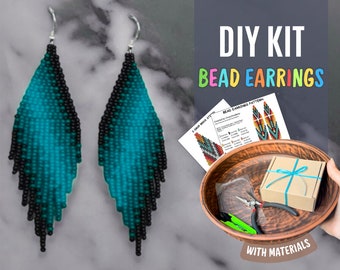 DIY Kit blue black native Earrings pattern for beading, Brick stitch pattern for beaded fringe earrings, Beadweaving Craft for adults box