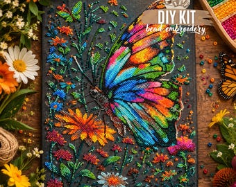 DIY Colorful Summer Butterfly Flower Bead Embroidery Kit, Floral Insect Needlework Craft, Handmade Beaded Art, Gift Idea