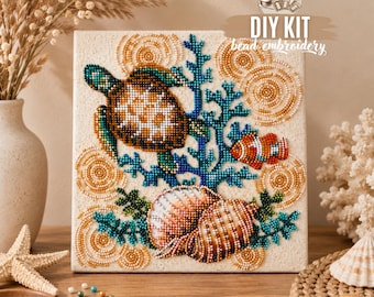DIY Sea Turtle Bead Embroidery Kit, Ocean Shell Marine Theme Needlework Craft, Coastal Beaded Artwork, Nature Lover Gift