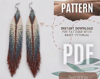 May include: A pair of long, beaded earrings with a gradient of brown, blue, and white beads. The earrings are hanging from silver hooks. The image also includes text that says "Crazy BeadKit PATTERN INSTANT DOWNLOAD PDF PATTERN WITH BRIEF TUTORIAL PDF Savanna".