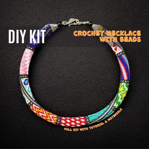 Colorful Crochet Necklace DIY Kit, Multicolor Beaded Rope, Bead crochet rope Pattern, Jewelry Craft Kit with Beads, Tutorial & All Materials