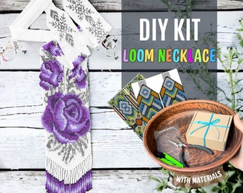 DIY KIT Perlen weiß lila Webstuhl Halskette Kit, DIY Halskette Geschenk, inklusive aller Werkzeuge, Blume Rose Gerdan Halskette Kits für Erwachsene, Versorgungsset