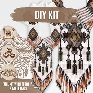 May include: A DIY kit for a beaded necklace featuring a geometric diamond pattern in white, black, brown, and green. The necklace has a fringe bottom and includes a loom, beads, and thread. The text DIY KIT and FULL KIT WITH TUTORIAL & MATERIALS appear.