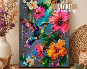 DIY Colorful Hummingbird Flower Bead Embroidery Kit, Bird Needlework Craft, Floral Beaded Artwork, Nature Inspired Gift