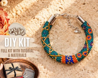 DIY Turquoise Orange Bead Crochet Bracelet Kit, Tribal Hippie Boho Jewelry Making Set, Seed Bead Bracelet Craft kit