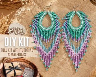 DIY Purple Turquoise Peacock Feather Earrings Kit, Boho Fringe Jewelry Making Set, Beaded Statement Earrings craft kit