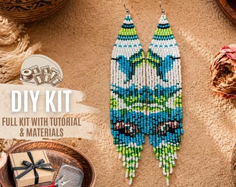 DIY White Turquoise Hummingbird Flower Beaded Earrings Kit, Fringe Jewelry Making Set, Seed Bead Craft kit