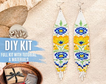 DIY White Tribal Floral Bead Fringe Earrings Kit, Ethnic Seed Bead Jewelry Making Set, Boho Beaded Earrings Craft